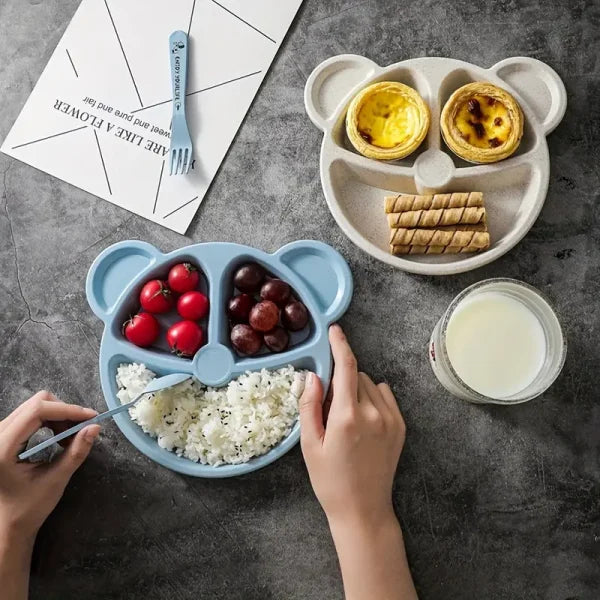 5 Pcs Bear Plate Set – Cartoon Compartment Dinner Plate | Includes Divided Plate, Fork & Spoon, Perfect For Toddlers & Preschoolers (random Color)