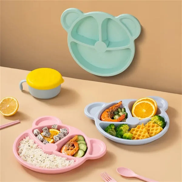 5 Pcs Bear Plate Set – Cartoon Compartment Dinner Plate | Includes Divided Plate, Fork & Spoon, Perfect For Toddlers & Preschoolers (random Color)