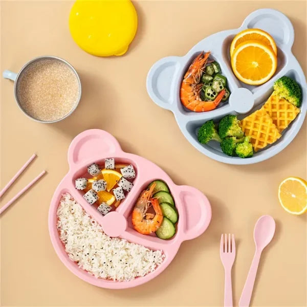 5 Pcs Bear Plate Set – Cartoon Compartment Dinner Plate | Includes Divided Plate, Fork & Spoon, Perfect For Toddlers & Preschoolers (random Color)