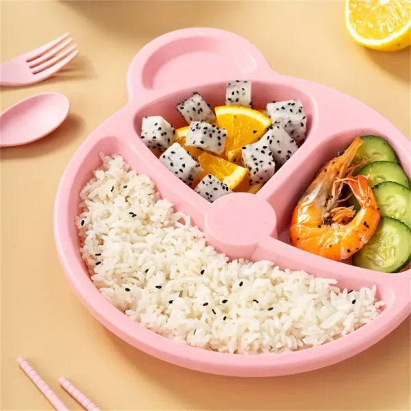 5 Pcs Bear Plate Set – Cartoon Compartment Dinner Plate | Includes Divided Plate, Fork & Spoon, Perfect For Toddlers & Preschoolers (random Color)