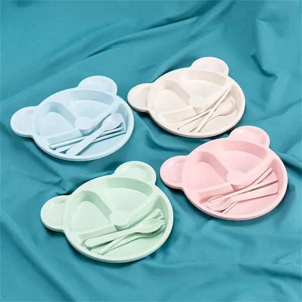 5 Pcs Bear Plate Set – Cartoon Compartment Dinner Plate | Includes Divided Plate, Fork & Spoon, Perfect For Toddlers & Preschoolers (random Color)