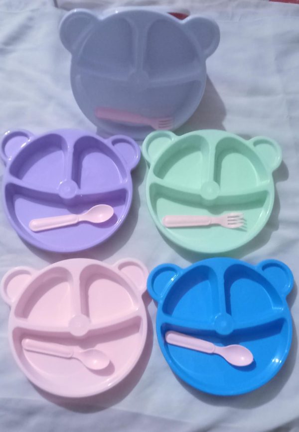 5 Pcs Bear Plate Set – Cartoon Compartment Dinner Plate | Includes Divided Plate, Fork & Spoon, Perfect For Toddlers & Preschoolers (random Color)